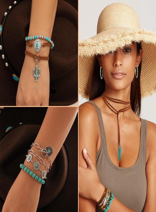 FEYIR Bohemian Turquoise Jewelry Set for Women Boho Turquoise Layered Necklace Bracelet Western Belt Stackable Ring Earrings Western Jewelry Accessories - Image 5